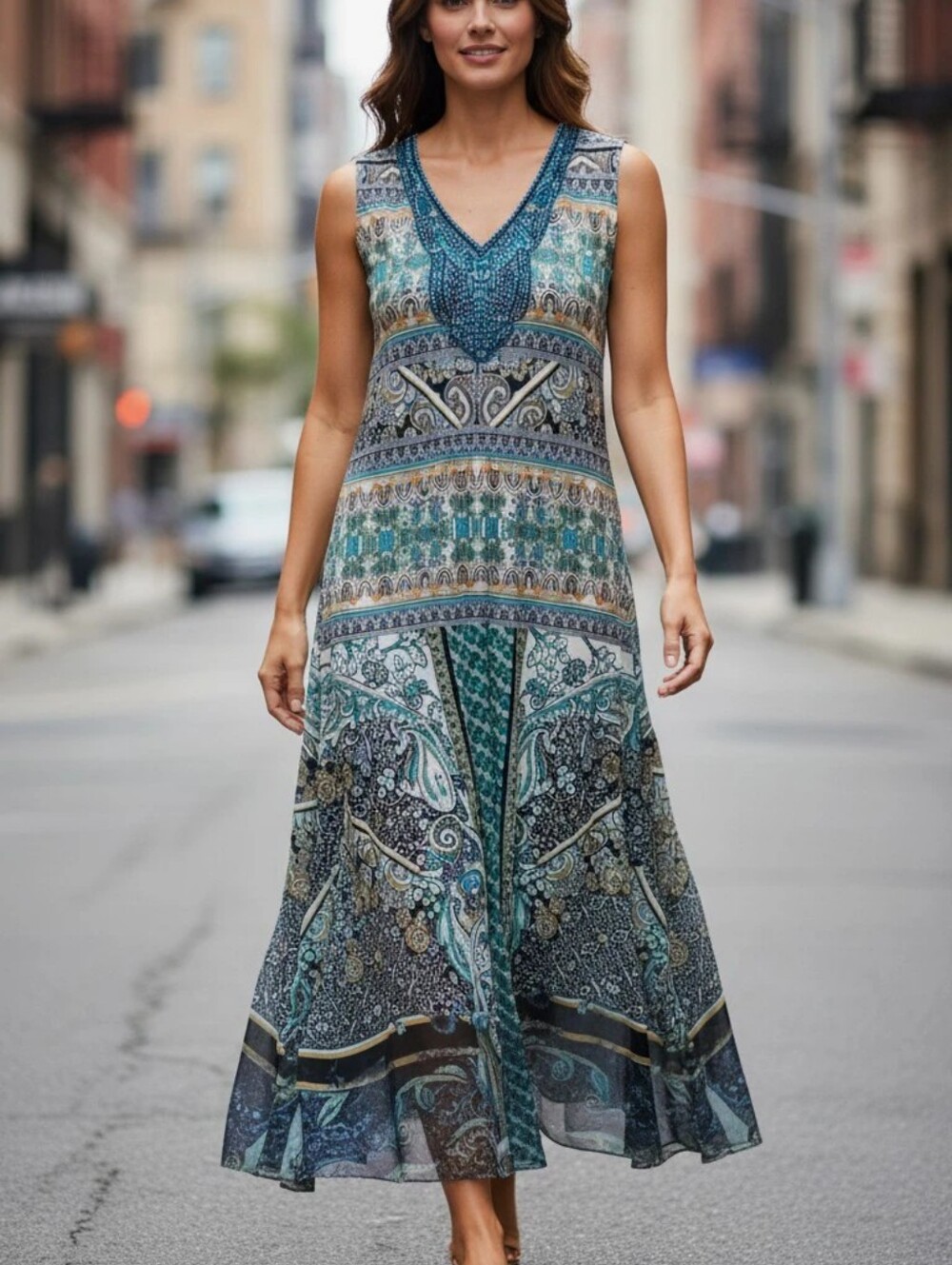WORLD UNITY Sleeveless Teal Patterned Maxi Dress SIZE L. Tag says XL but it defi